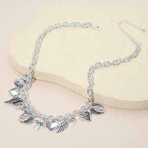 Angel Wing Heart Charm Necklace Silver Tone Adjustable 18" Chain